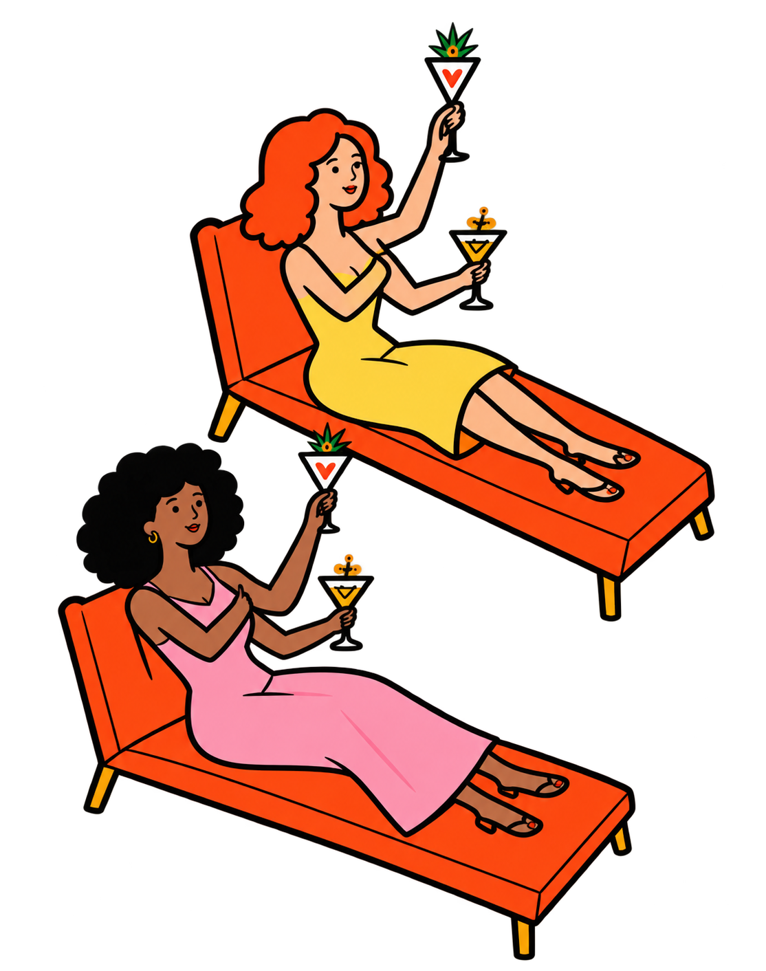 Two women relaxing on orange loungers with cocktails