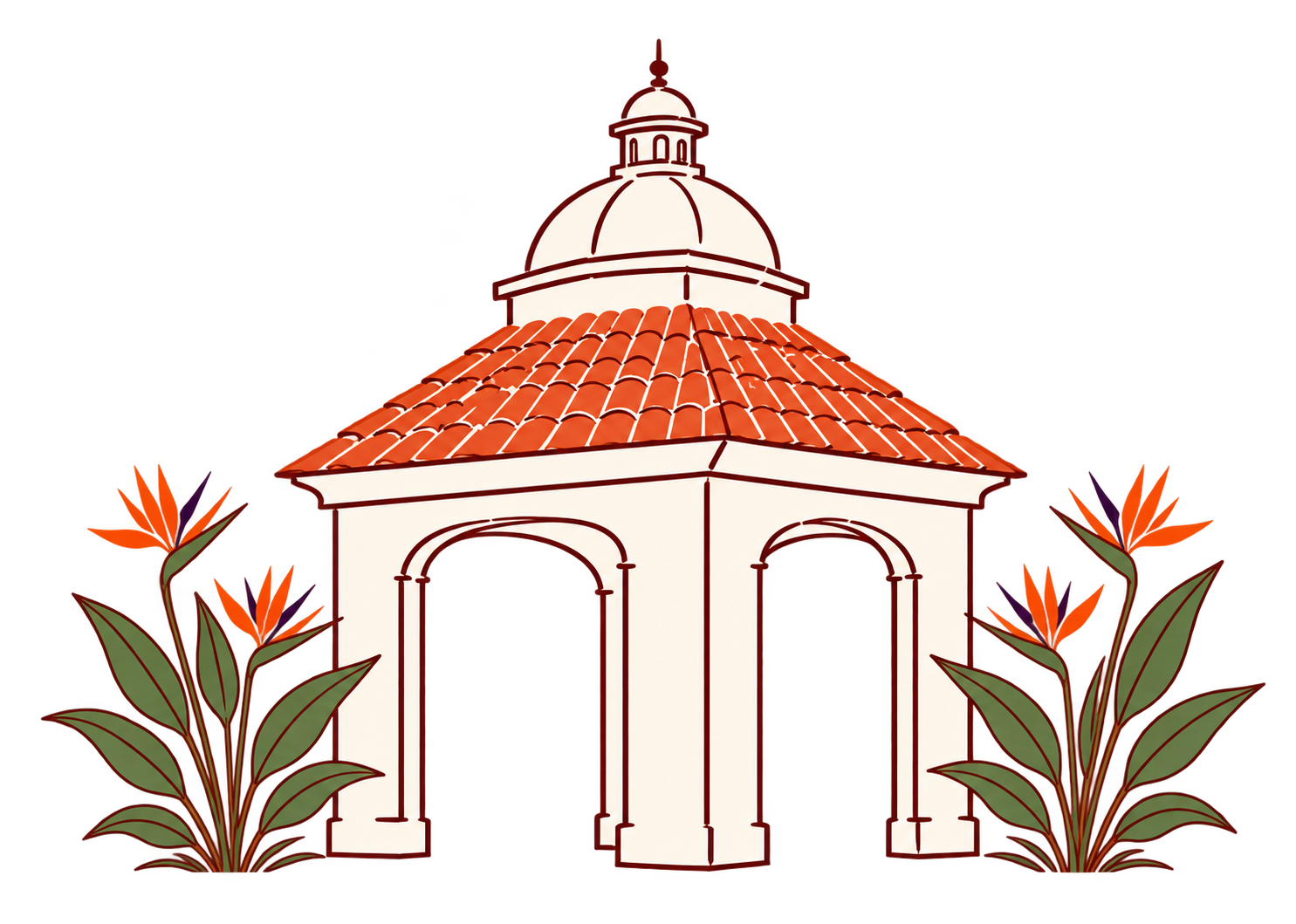 A terracotta-roof pavilion with birds of paradise